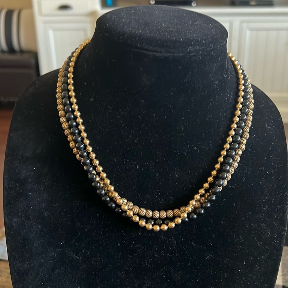 Vintage Napier Triple Strand Gold and Black Beaded Necklace 18”